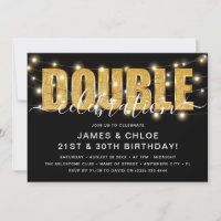 Gold Glitter 'DOUBLE' Celebration Birthday Party Invitation