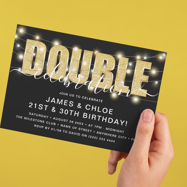 Gold Glitter 'DOUBLE' Celebration Birthday Party Invitation (Creator Uploaded)