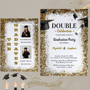 Gold Glitter Double Graduation Two Photo Graduates Invitation
