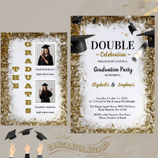 Gold Glitter Double Graduation Two Photo Graduates Invitation