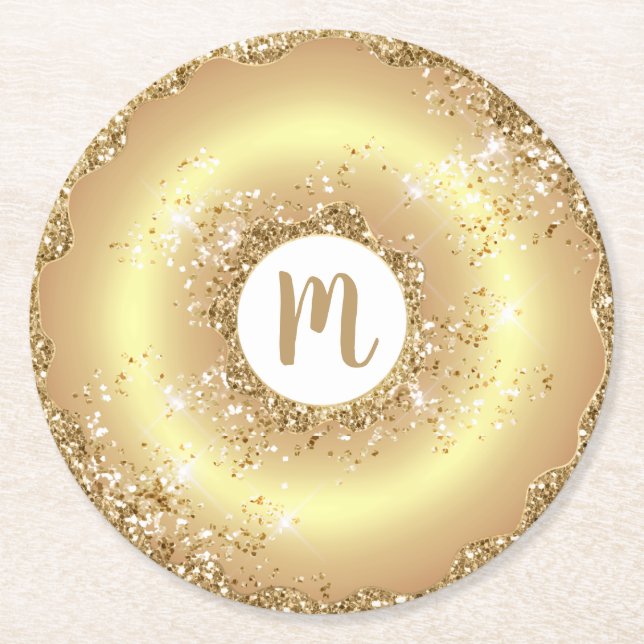Gold glitter doughnut monogram script bold luxury round paper coaster (Front)
