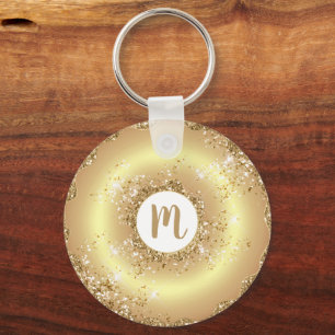Gold glitter doughnut monogram script girly luxury keychain