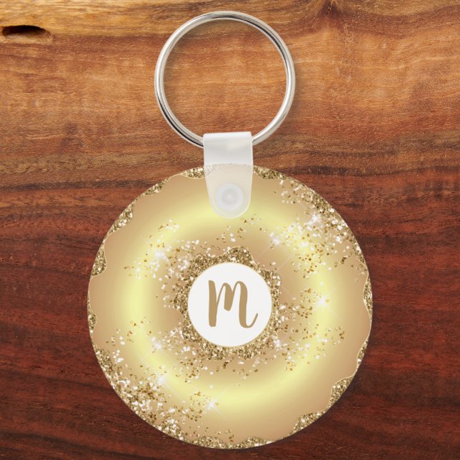 Gold glitter doughnut monogram script girly luxury keychain (Front)