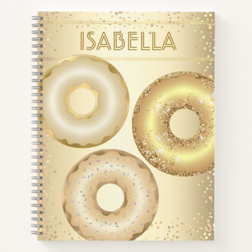 Gold glitter doughnuts modern glam girly name notebook