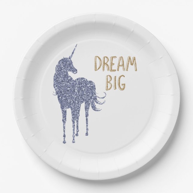 Gold Glitter Dream Big Unicorn    Paper Plates (Front)