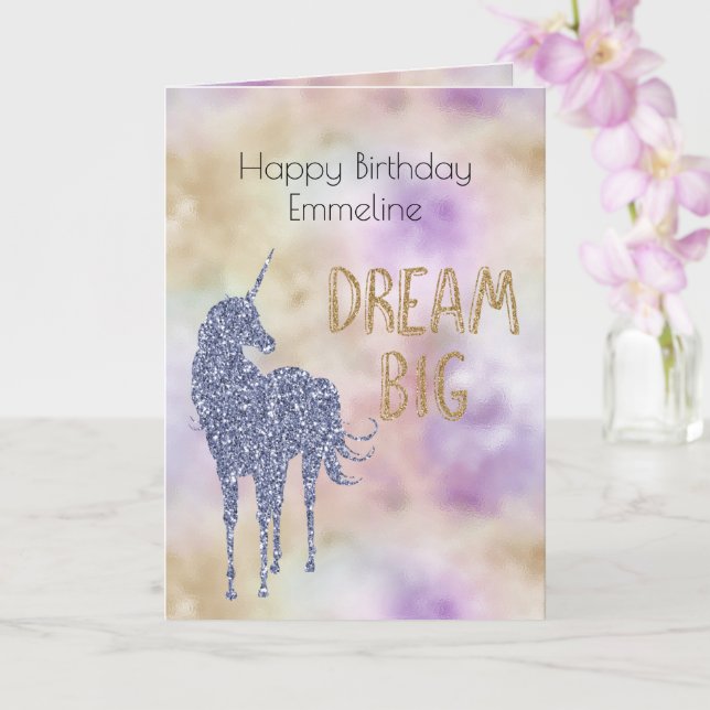 Gold Glitter Dream Big Unicorn Personalized   Card (Orchid)