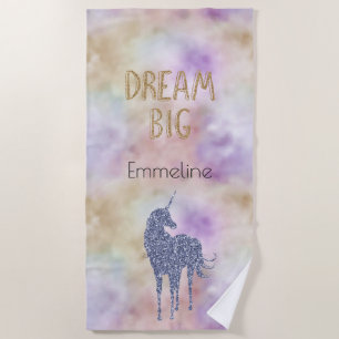 Gold Glitter Dream Big Unicorn Personalized Name   Beach Towel