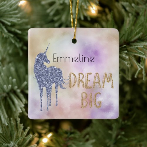 Gold Glitter Dream Big Unicorn Personalized Name Ceramic Ornament