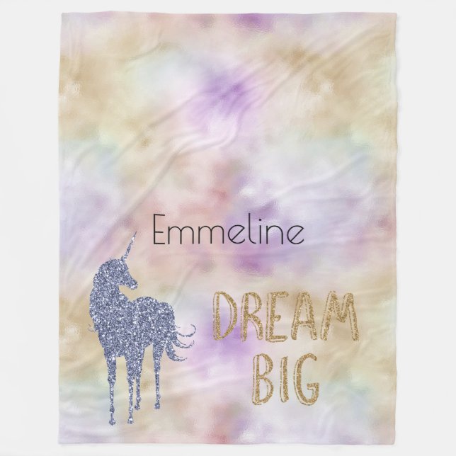 Gold Glitter Dream Big Unicorn Personalized Name   Fleece Blanket (Front)