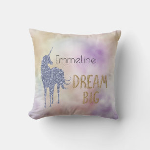 Gold Glitter Dream Big Unicorn Personalized Name   Throw Pillow