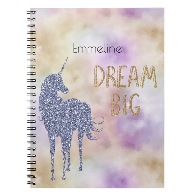 Gold Glitter Dream Big Unicorn Personalized   Notebook (Front)