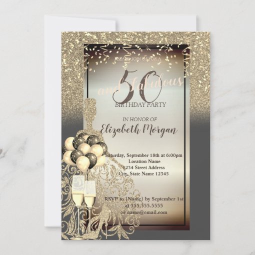 Gold Glitter Dress,Ballons,50th Birthday Party Invitation | Zazzle