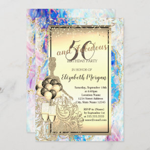 Gold Glitter Dress,Ballons,Opal 50th Birthday Invitation