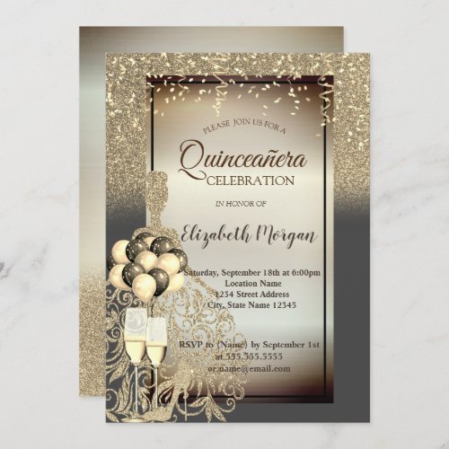Gold Glitter DressBallonsQuinceanera Celebration Invitation
