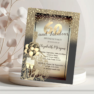 Gold Glitter Dress,Balloons,60th Birthday Party  Invitation