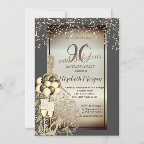 Gold Glitter DressBalloons90th Birthday Party Invitation