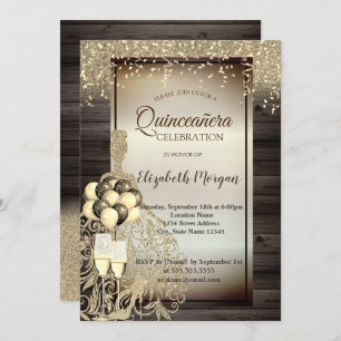 Gold Glitter Dress,Balloons,Wood Quinceanera Invitation