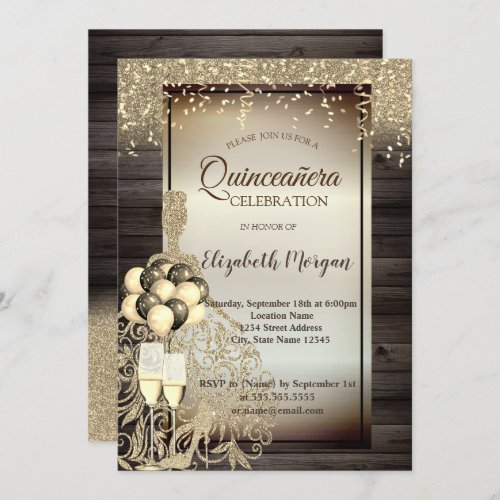 Gold Glitter DressBalloonsWood Quinceanera Invitation