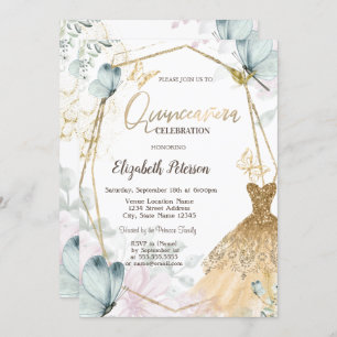 Gold Glitter Dress Blue Butterflies Gold Frame Invitation