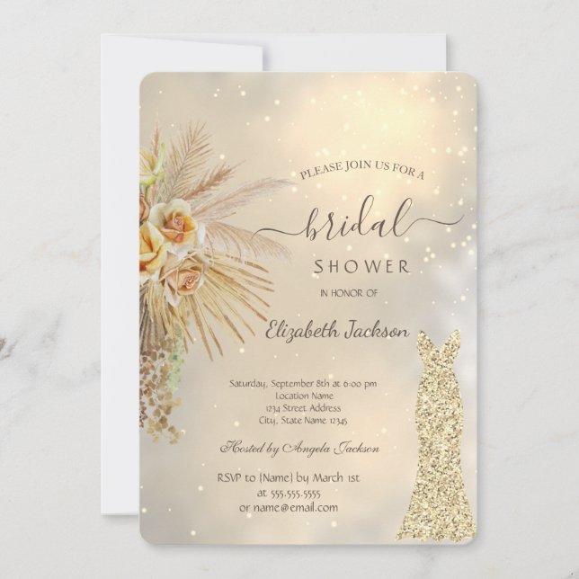 Gold Glitter Dress Boho Flowers Bridal Shower Invitation (Front)