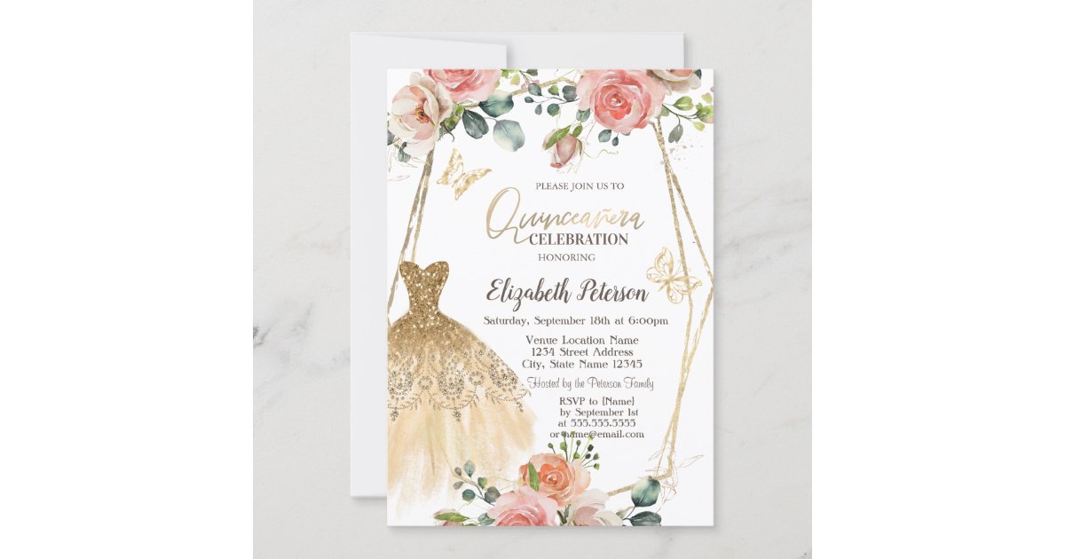 Gold Glitter Dress Butterfly Flowers Quinceanera Invitation | Zazzle