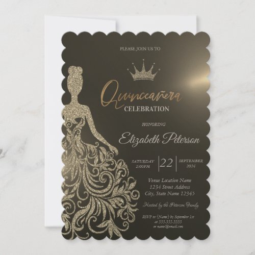 Gold Glitter DressDiamonds Gold Quinceanera Invitation