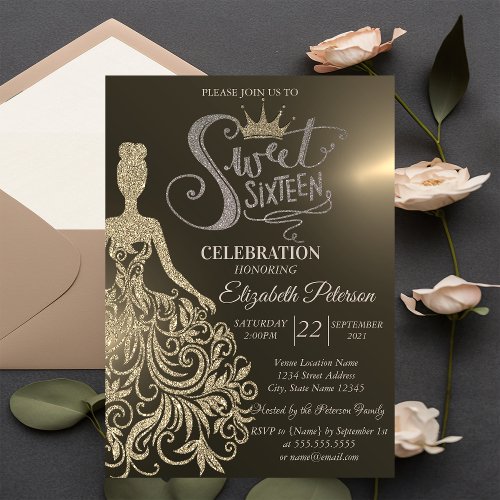 Gold Glitter DressDiamonds Gold Sweet 16  Invitation