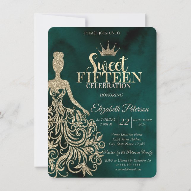 Gold Glitter Dress,Diamonds Green Sweet 15 Invitation (Front)