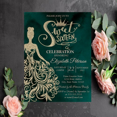 Gold Glitter DressDiamonds Green Sweet 16 Invitation