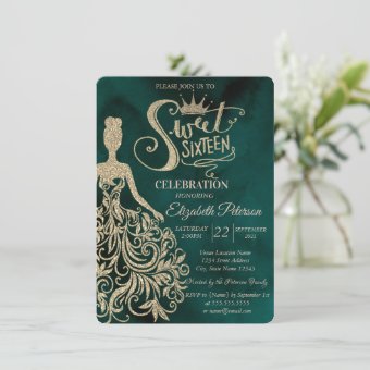 Gold Glitter Dress,Diamonds Green Sweet 16 Invitation | Zazzle