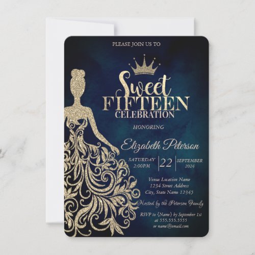 Gold Glitter DressDiamonds Navy Blue Sweet 15 Invitation