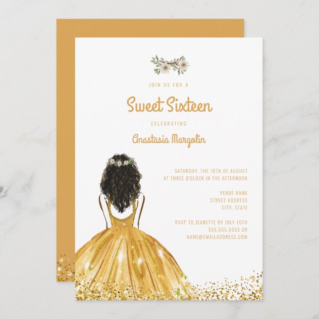 Gold Glitter Dress Floral Sweet 16 16th Birthday Invitation (Front/Back)