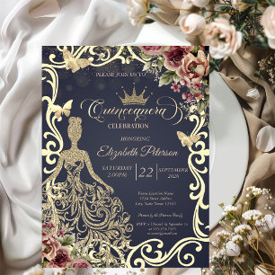 Gold Glitter Dress,Frame Butterfly Floral   Invitation