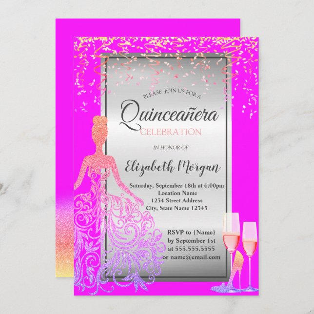 Gold Glitter Dress,Heels, Pink Quinceañera Invitation (Front/Back)