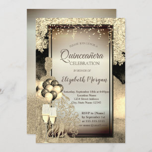 Gold Glitter Dress,Heels,Quinceanera Celebration Invitation