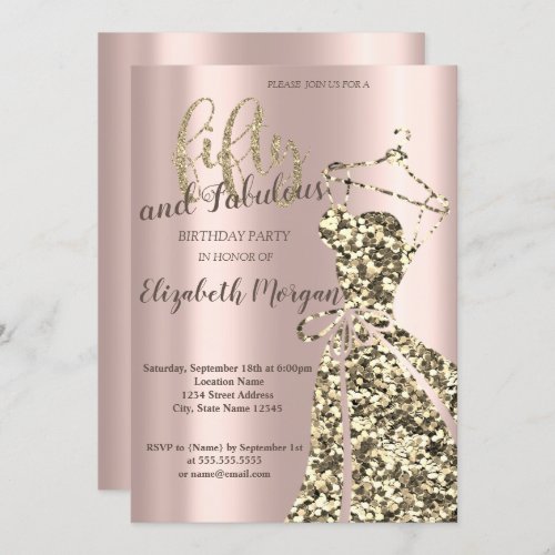 Gold Glitter Dress Rose Gold 50th Birthday Party  Invitation