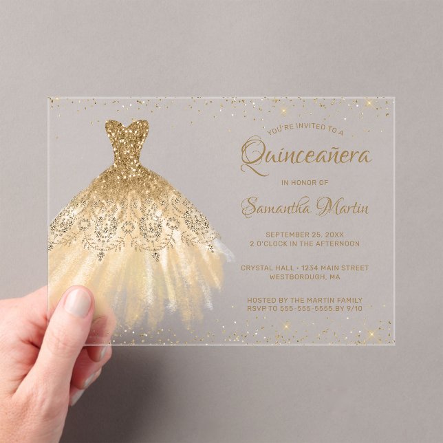 Gold  Glitter Dress Script Quinceañera Party Acrylic Invitations (Insitu (Handheld))