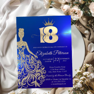 Gold Glitter Dress,Tiara,Blue18th Birthday Invitation