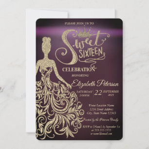 Gold Glitter Dress,Tiara Burgundy Sweet 16 Invitation
