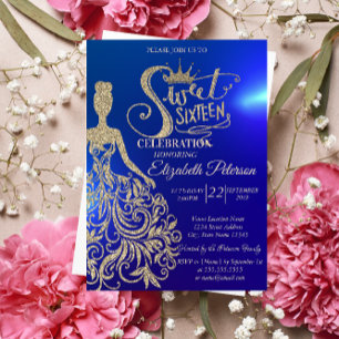 Gold Glitter Dress,Tiara, Diamonds Blue Sweet 16  Invitation