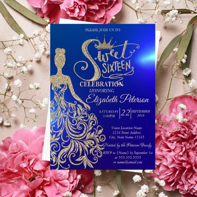 Gold Glitter Dress,Tiara, Diamonds Blue Sweet 16  Invitation (Creator Uploaded)