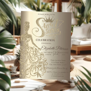 Gold Glitter Dress,Tiara,Diamonds Champagne Invitation