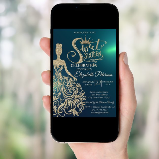 Gold Glitter Dress,Tiara, Diamonds Green Sweet 16 Invitation (Front Digital)