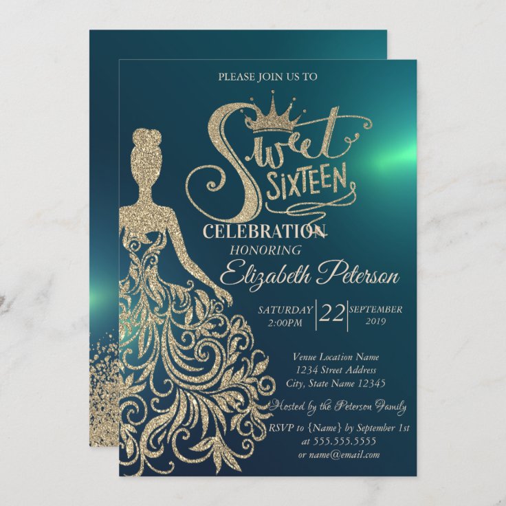 Gold Glitter Dress,Tiara, Diamonds Green Sweet 16 Invitation | Zazzle