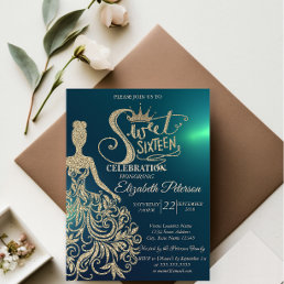 Gold Glitter Dress,Tiara, Diamonds Green Sweet 16 Invitation