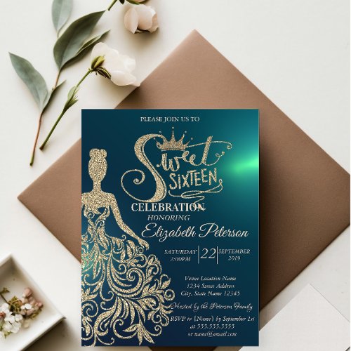 Gold Glitter DressTiara Diamonds Green Sweet 16 Invitation