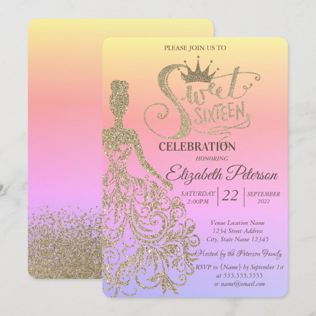 Gold Glitter Dress,Tiara, Diamonds Ombre Sweet 16  Invitation (Front/Back)