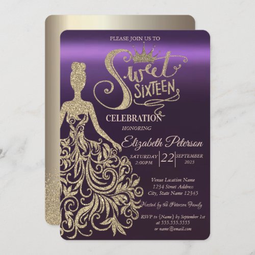 Gold Glitter DressTiaraDiamonds Purple Invitation