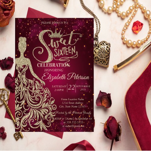 Gold Glitter DressTiara Diamonds Sweet 16 Invitation