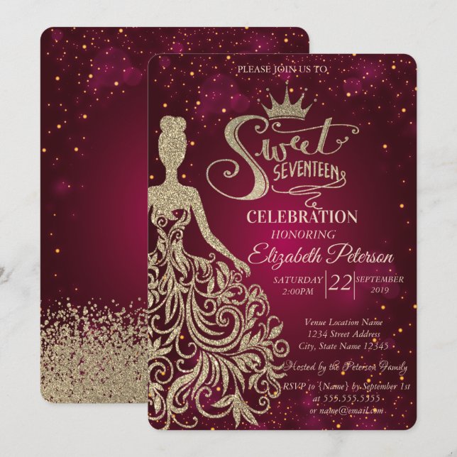 Gold Glitter Dress,Tiara, Diamonds Sweet 17 Invitation (Front/Back)